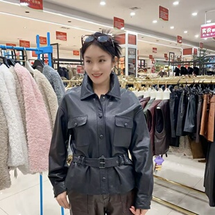 初晓2025年秋季皮衣外套休闲女装翻领时尚 棕色 黑色 803