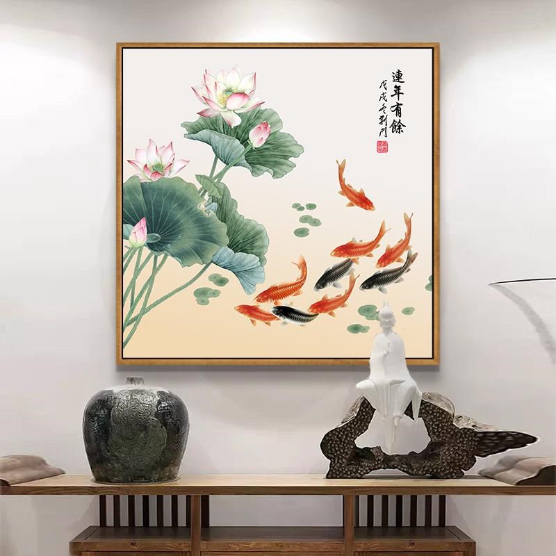 九鱼图装饰画新中式挂画包厢柜子上背景墙卫生间荷花鲤鱼锦鲤壁画图片