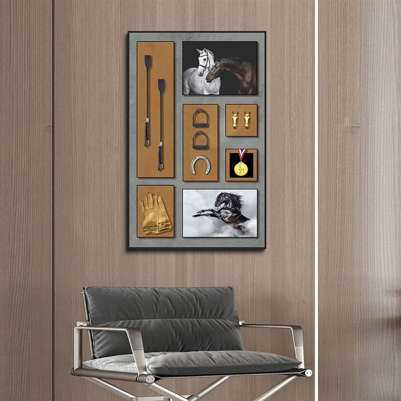法式轻奢立体实物装置挂画样板间玄关装饰画客厅复古欧式壁画马术图片