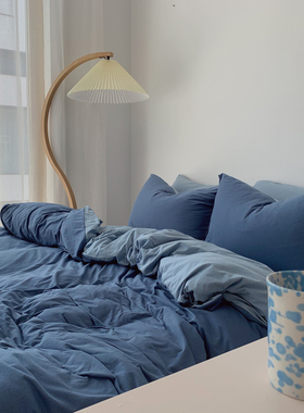 简约雾霾蓝色床上四件套纯棉天竺棉超柔裸睡男生单人宿舍三4件套