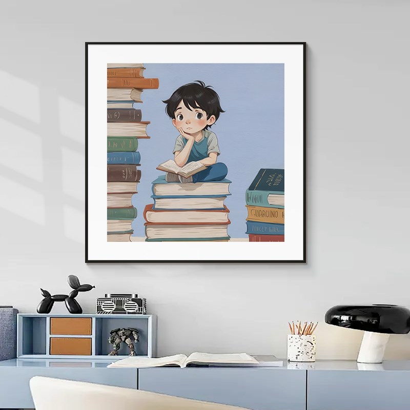 爱读书小孩儿童房装饰画男孩书房背景墙挂画创意女孩卧室床头壁画图片