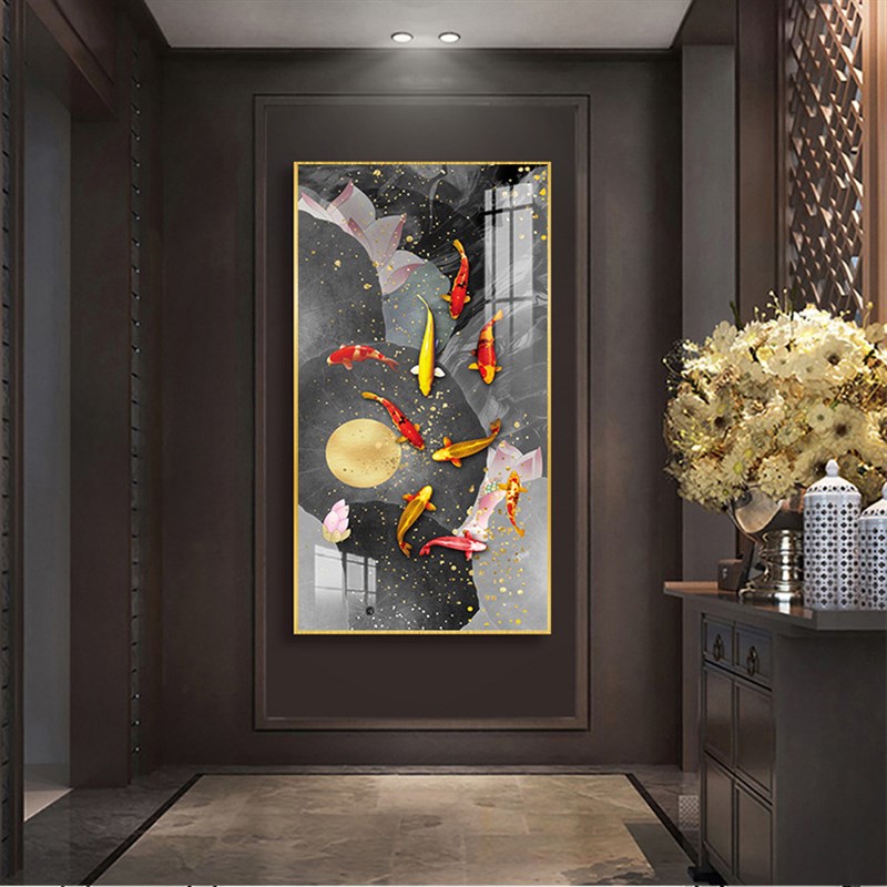 新中式玄关装饰画走廊过道壁画现代简约九鱼图竖版北欧轻奢晶瓷画图片