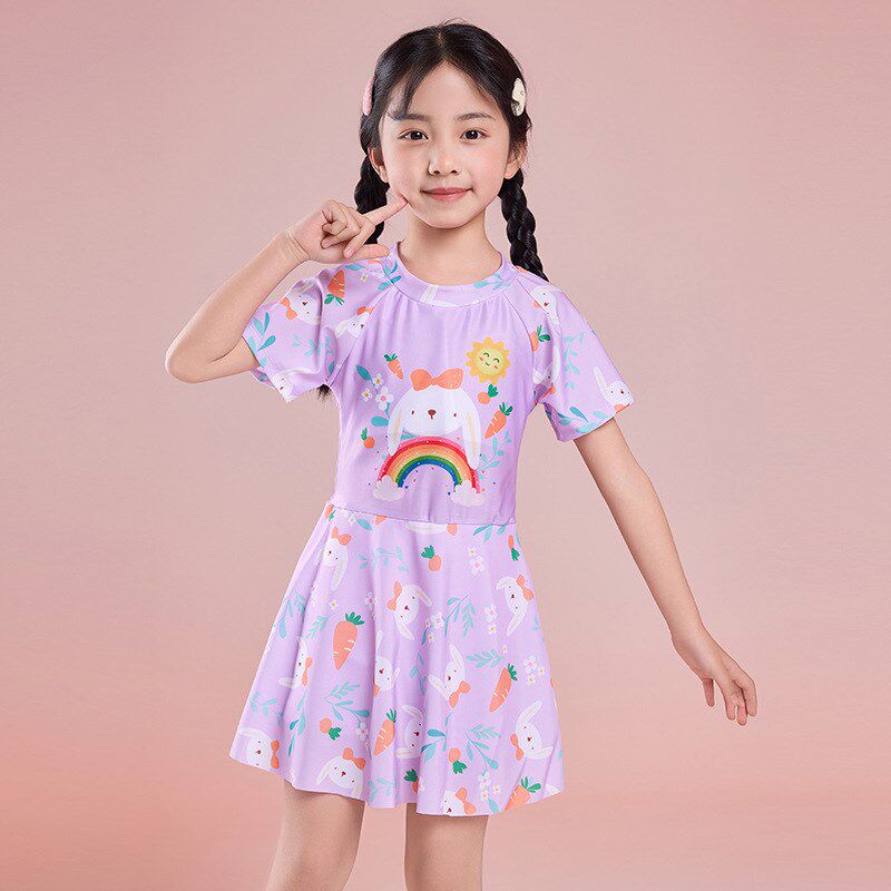 跨境儿童泳装女童夏季新款裙子款保守游泳衣拉链连体裙裤游泳衣服