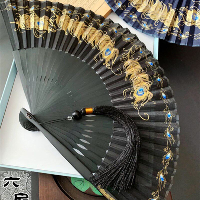 中国风7寸折扇子古典复古风孔雀羽毛烫金男女汉服旗袍便携舞蹈扇