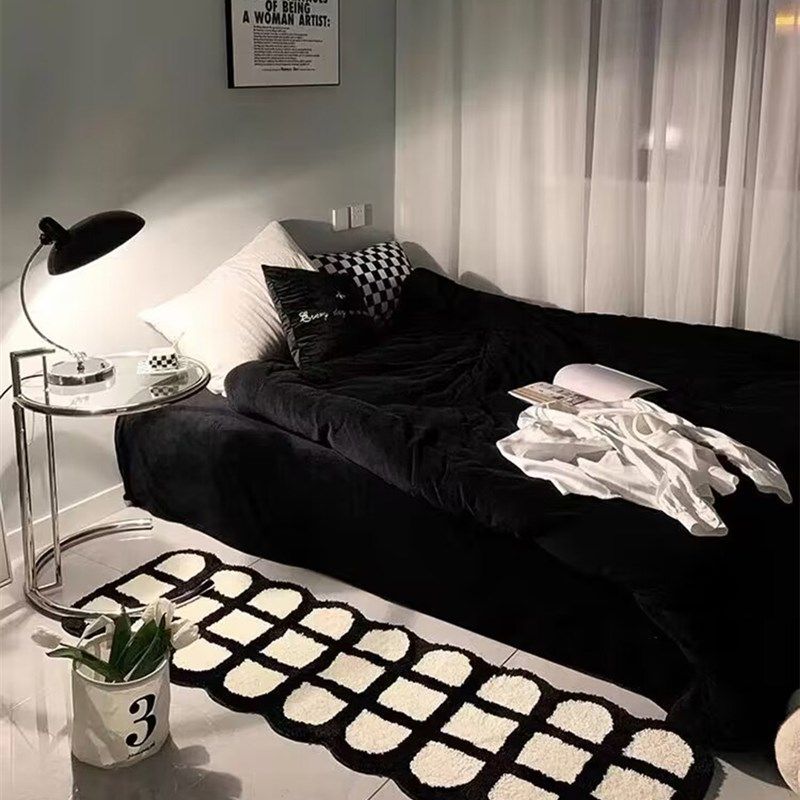 奶油风地毯黑白风高级感卧室房间床边毯长条沙发茶几毯毛绒加厚垫,居家布艺,床边毯,淘宝优惠券,粉丝福利购,淘宝优惠卷