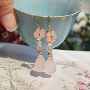 桃花露新中式国风古典年轻配改良旗袍连衣裙汉服耳环耳夹饰品