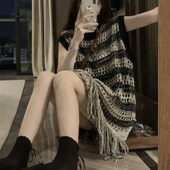 黑白撞色条纹针织镂空背心裙女夏外穿复古小众中长款 无袖 流苏上衣