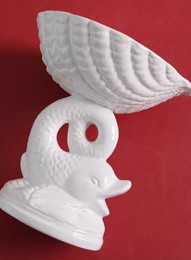 出口欧洲白色陶瓷浮雕立体鲤鱼跳龙门创意果盘高脚托盘摆件