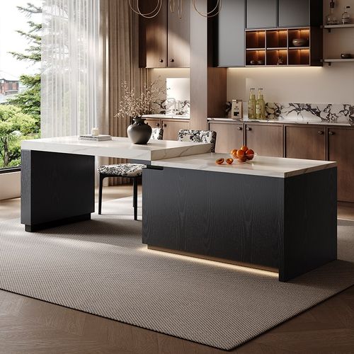 中古风实木岛台餐桌一体家用伸缩岩板中岛台2025新款厨房升降岛台