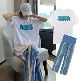 孕妇打底裤外穿时尚长裤子孕早期夏季薄款运动阔腿裤孕妇夏装套装