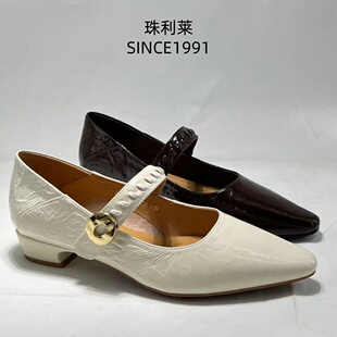 珠利莱专柜26春法式复古尖头浅口单鞋女中跟玛丽珍鞋金属扣小皮鞋