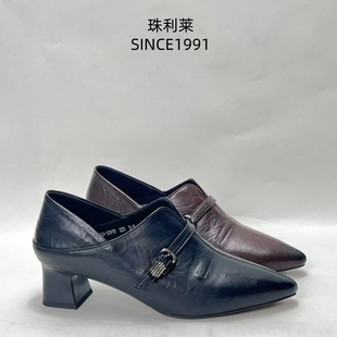 2025春秋季新款真皮尖头粗跟百搭英伦风中跟时尚深口单鞋女鞋