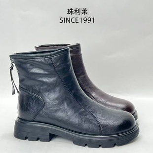 珠利莱2025秋冬季新款复古圆头平底后拉链百搭英伦时尚短靴女鞋