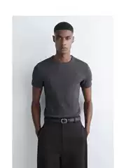 C*S Men's Slim Fit Crew Neck Ribbed T-Shirt Charcoal Black 2025 Autumn New Arrival 1229297010