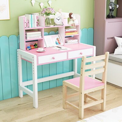 森木儿童升降学习桌桌子木质桌椅写字桌实木粉色蓝色小学生书架