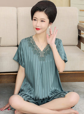 中老年人睡衣女夏季冰丝薄款短袖七分裤妈妈真丝绸夏天大码家居服