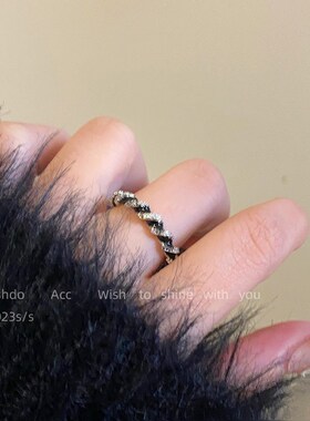 冷淡风黑色滴釉开口缠绕戒指锆石气质精致感素圈小众设计感指环女