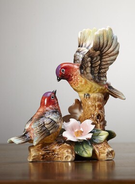 红雀欧桌陶瓷面摆件装饰品家居喜庆情侣手工客厅式小动物