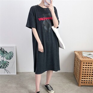 大码宽松哺乳睡衣裙女夏孕妇外出纯棉短袖潮妈喂奶月子连衣裙卡通