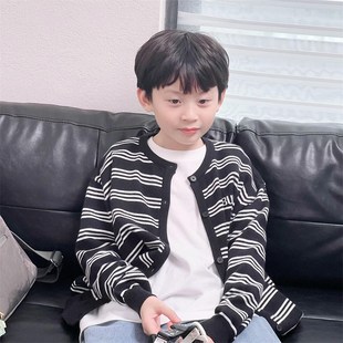 童妈定制男女童韩版宽松黑白条纹软弹针织开衫儿童毛衣外套春秋装