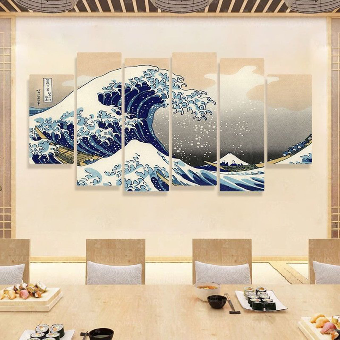寿司店背景墙壁纸装饰布置墙贴日料店抽象艺术海浪沙发自粘贴画