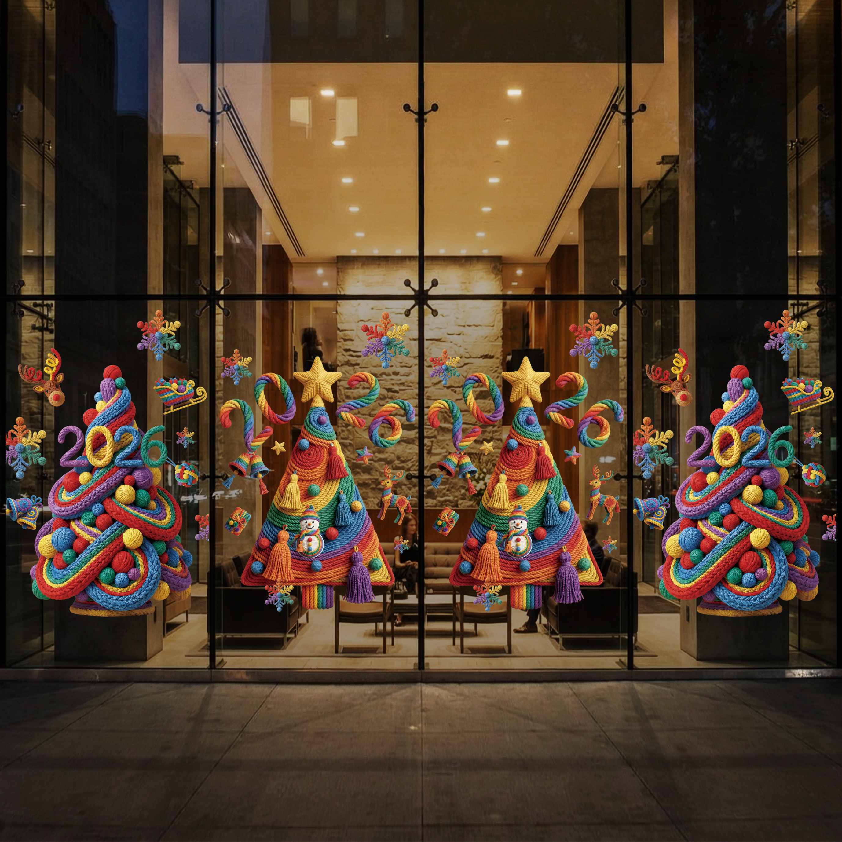 ins风2026新年彩色圣诞树玻璃贴