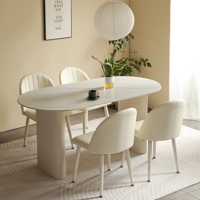 奶油风宝格丽岩板餐桌椅组合现代简约小户型家用椭圆形轻奢吃饭桌