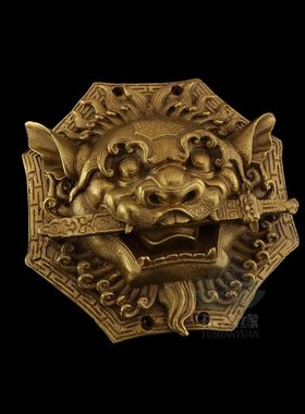 纯铜狮咬剑挂件八卦八角狮铜狮子头挂牌铜兽首门口挂饰铜睚眦摆件