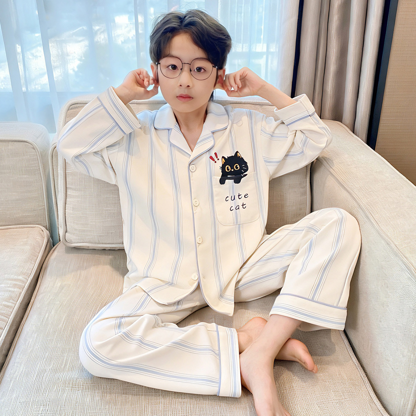 新款儿童睡衣春秋季纯棉长袖薄款卡通男孩全棉男童开衫家居服套装