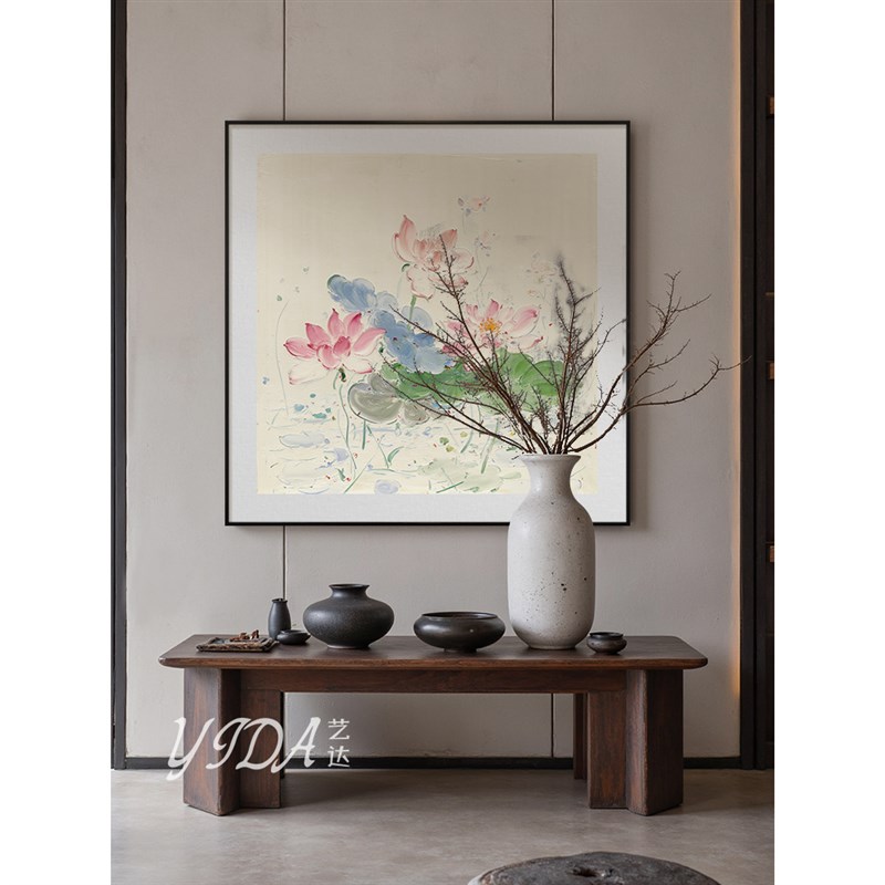 东方美学睡莲纯手绘油画荷花客厅肌理画新中式茶室装饰画玄关挂画图片