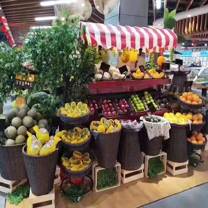 超市水果陈列筐水果筐藤编堆头篮果蔬展示编织货架筐子梯形花茶篮