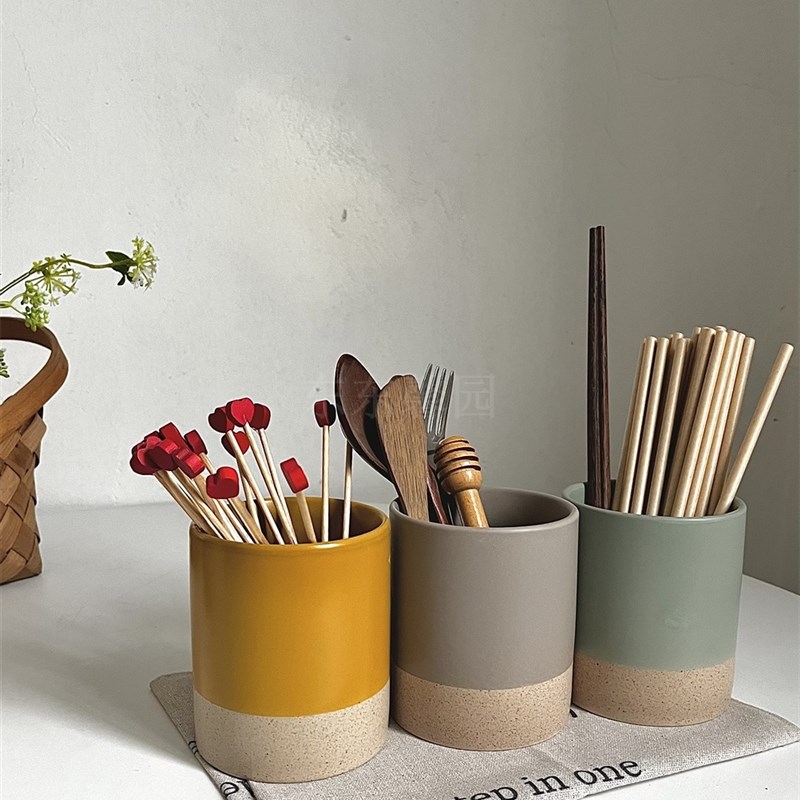 哑光+粗陶直筒陶瓷刀叉勺收纳罐子家用吸管筷子工具桶小花瓶