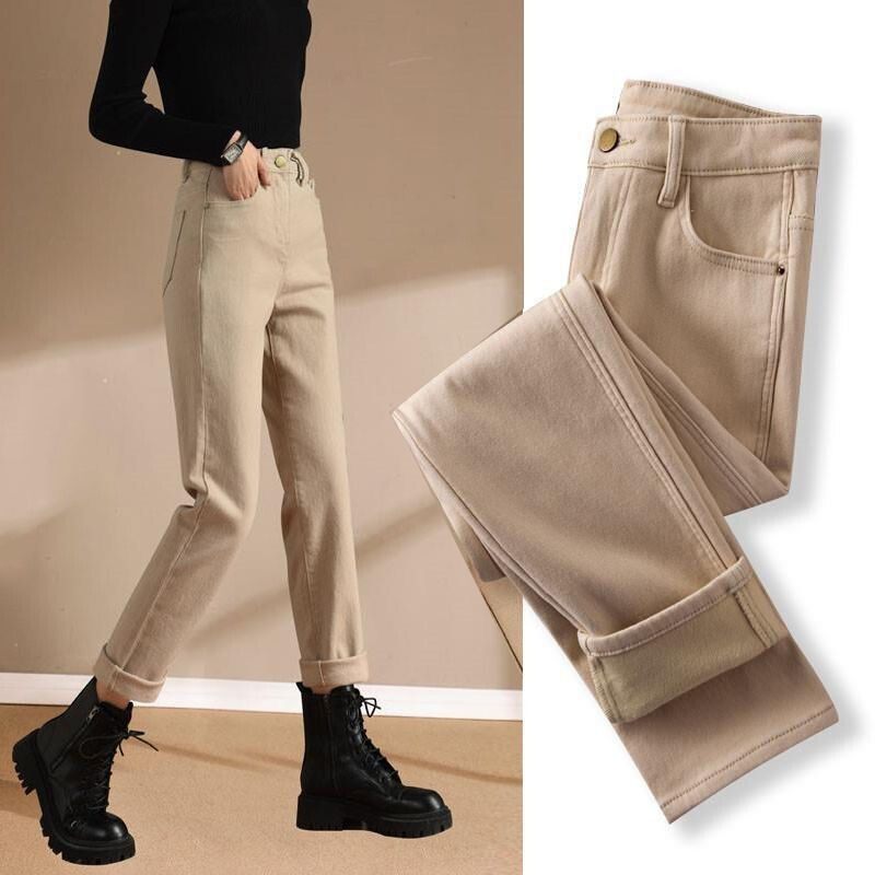 卡其色直筒牛仔裤女款2025秋季新款高腰显瘦百搭窄版修身烟管裤子
