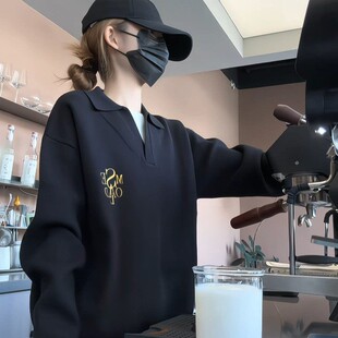 SAME OLD男女同款重磅假两件V领衫刺绣针织宽松休闲翻领毛衣套头