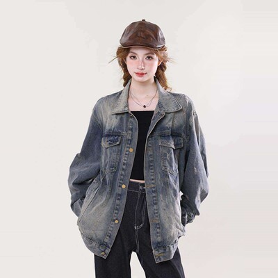 AONW美式复古做旧牛仔高街外套女