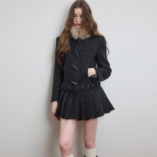 千金感可拆卸毛领毛呢外套女冬加厚百褶下摆牛角扣呢子羊毛大衣