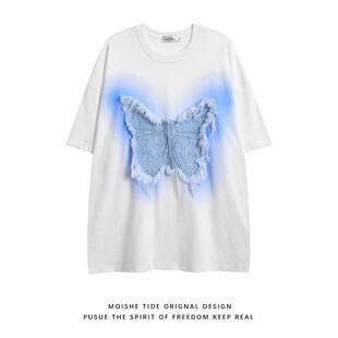 MOISHE TIDE美式潮牌蝴蝶贴布设计感短袖T恤男女宽松情侣休闲半袖