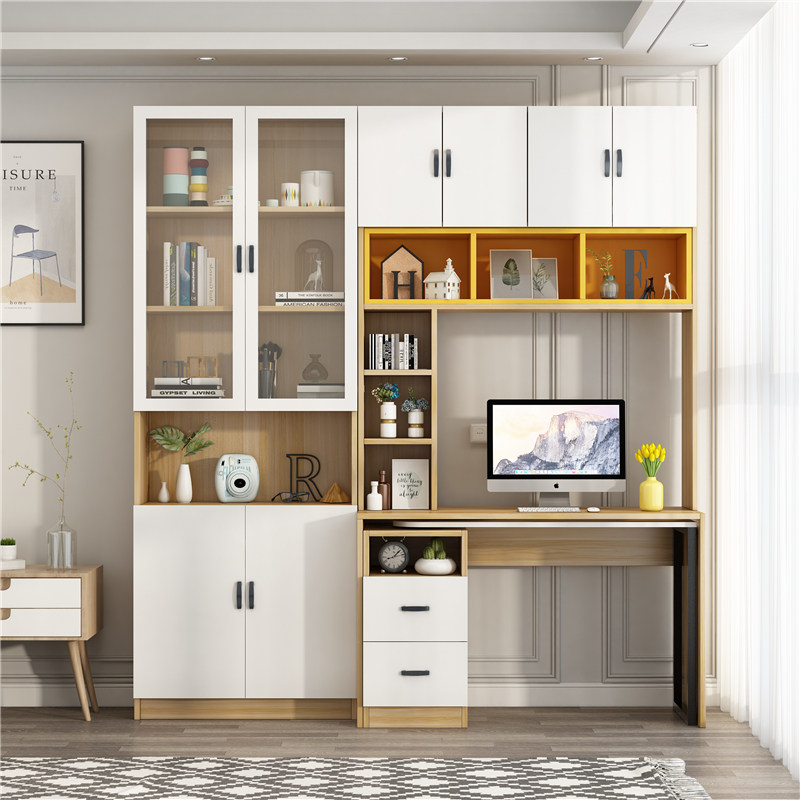 简易全实木转角书柜书桌靠墙一体桌学习桌带玻璃门组合带门