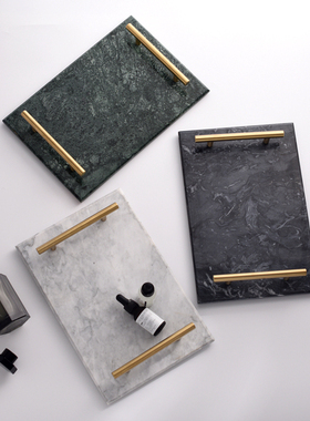 小西家 风天然大理石金手柄托盘 首饰盘置物收纳盘家居摆件