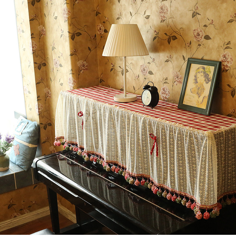 【成品】乡村田园红格子蕾丝钢琴罩子钢琴盖巾防尘巾钢琴凳套