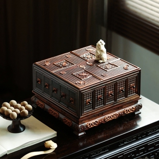 红木首饰收纳盒珠宝箱 精品大红酸枝嵌瘿木万字有福多宝盒宫廷中式