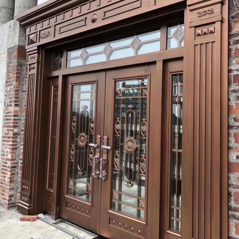 别墅玻璃铜门自建房入户对开锌合金农村进户门乡村家用大门双开门