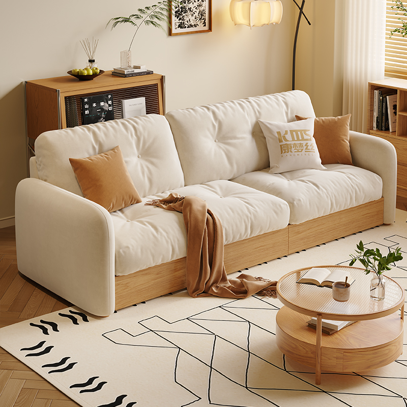 日式可储物猫抓绒布艺云朵沙发小户型家用可伸缩奶油风实木沙发床