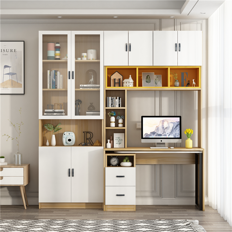 简易全实木转角书柜书桌靠墙一体桌学习桌带玻璃门组合带门