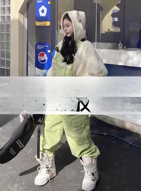 Skibear滑雪婴袋裤女粉绿色单双板宽松小众雪服加厚连身防水雪裤