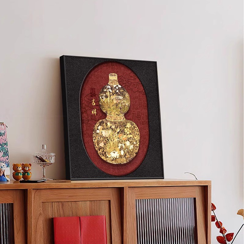 复古风葫芦玄关装饰画新中式九鱼图入户门壁画荷花走廊正方形挂画图片