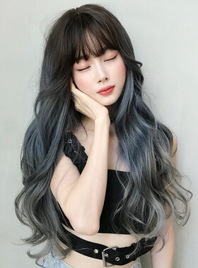 Long Wavy Gradient BlueGray Wig for Women Full Head Wig Fash