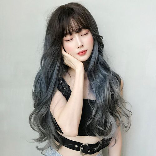 Long Wavy Gradient BlueGray Wig for Women Full Head Wig Fash