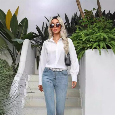 2025 Buckle Top Puff Sleeve Pleated Solid lor Loose Shirt Lo