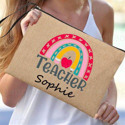 Rainbow Teacher Pencil Case Personalized Custom Name Linen S